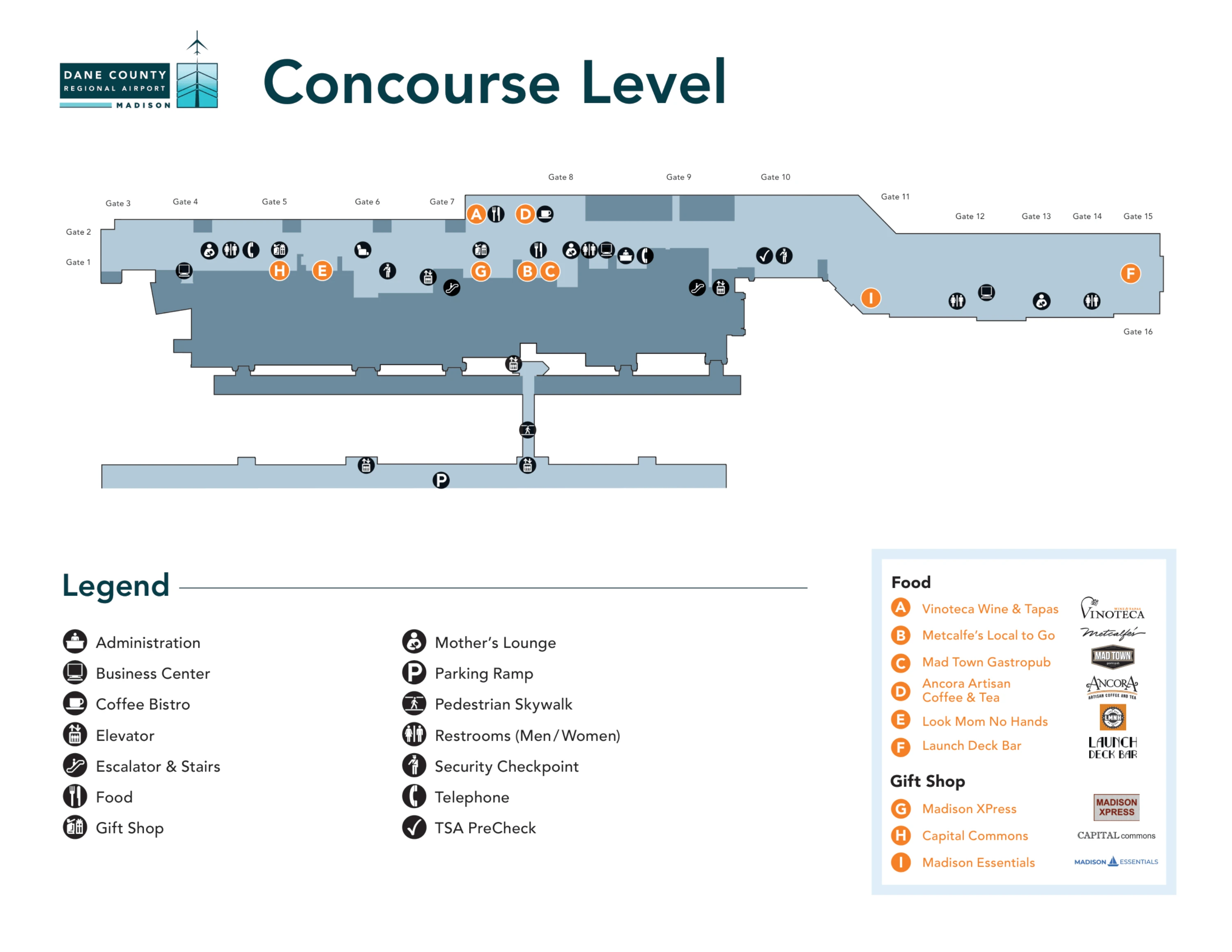 Dane County Regional Truax Field Concourse Level Map 2024-2026