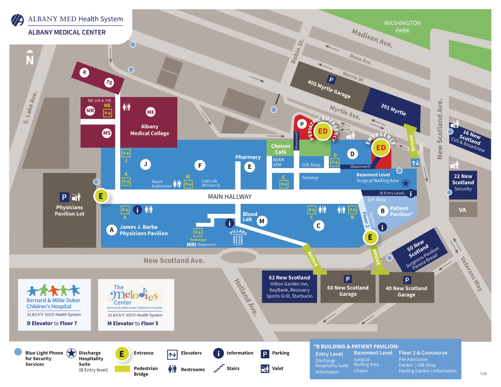Albany Medical Center Campus Map 2025 showing labeled clinical, academic, and patient service areas with main roads and landmarks.