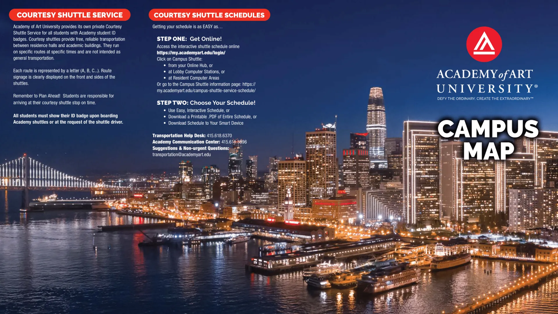 2025 Academy of Art University Campus Map showing academic, residential, and studio buildings across San Francisco neighborhoods with labeled streets and landmarks.