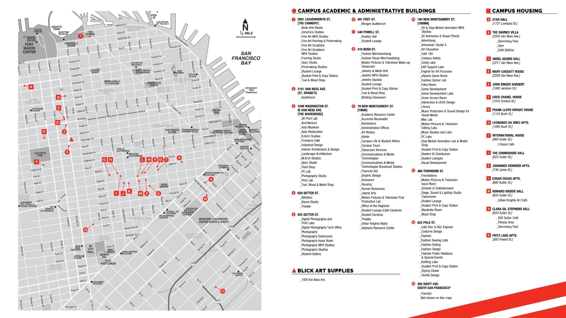 2025 Academy of Art University Campus Map showing academic, residential, and studio buildings across San Francisco neighborhoods with labeled streets and landmarks.