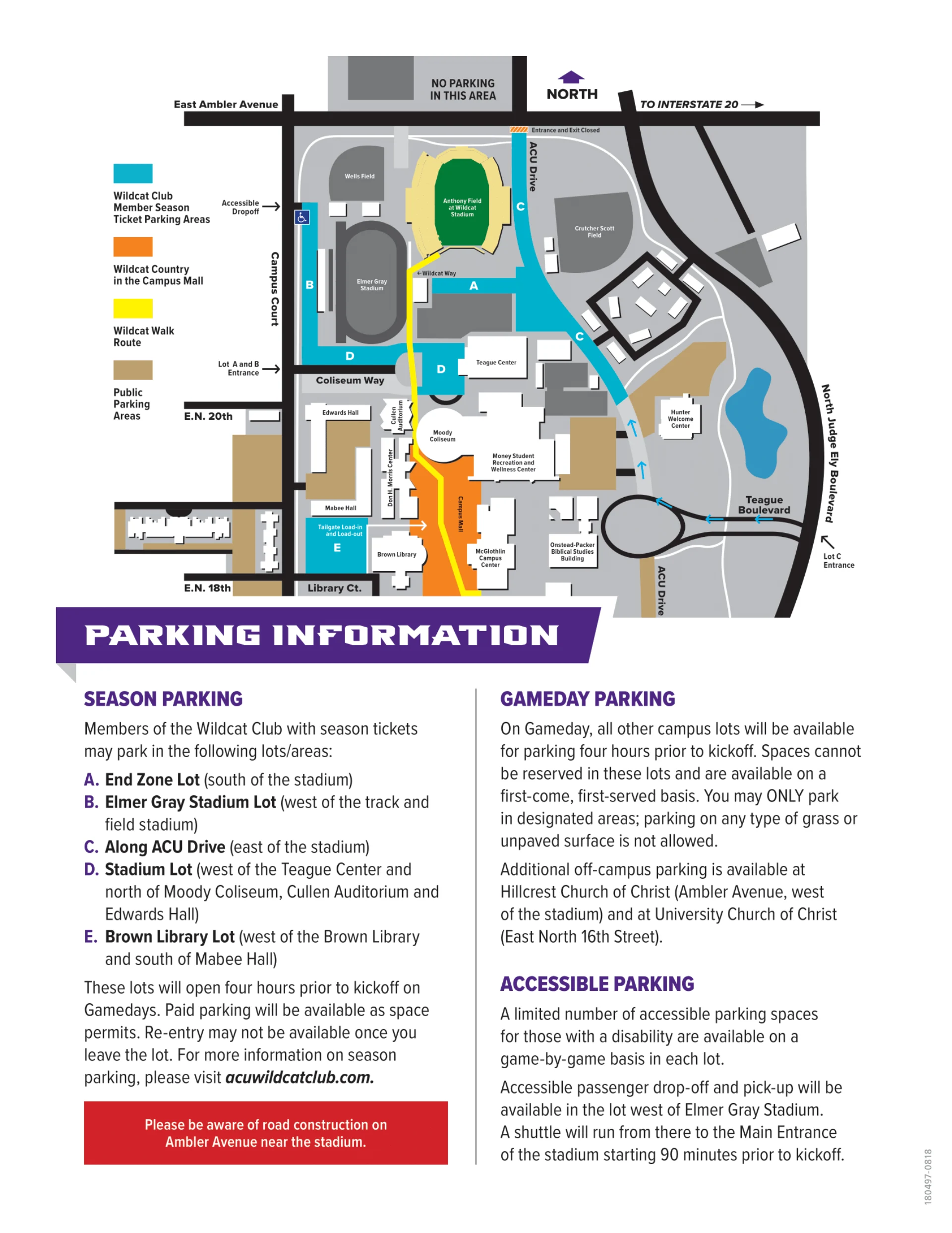Abilene Christian University Parking Map 2025 showing labeled visitor and permit lots with main entry routes.