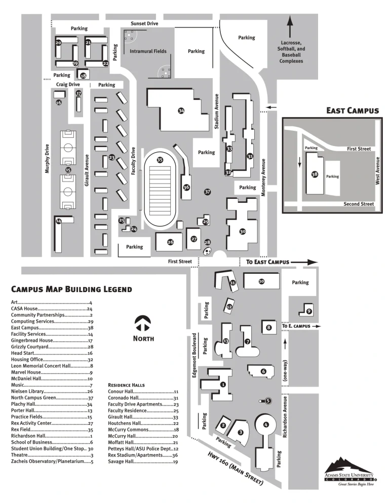 Adams State College Campus Map 2025 showing labeled academic, residential, and athletic areas with main roads and landmarks.