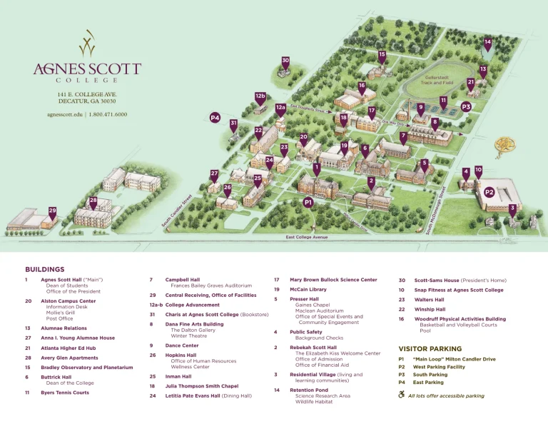 Agnes Scott College Campus Map 2025 showing labeled academic, residential, and athletic areas with main roads and landmarks.