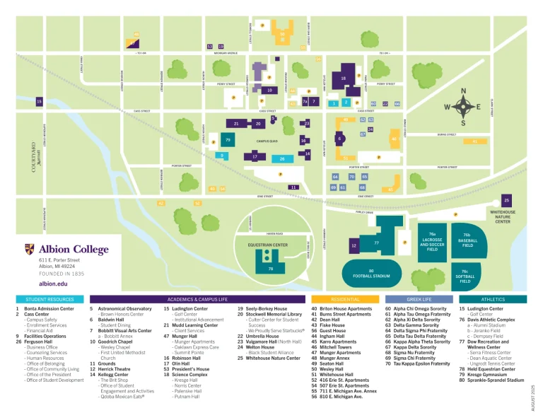 Albion College Campus Map 2025 showing labeled academic, residential, and athletic areas with main roads and landmarks.