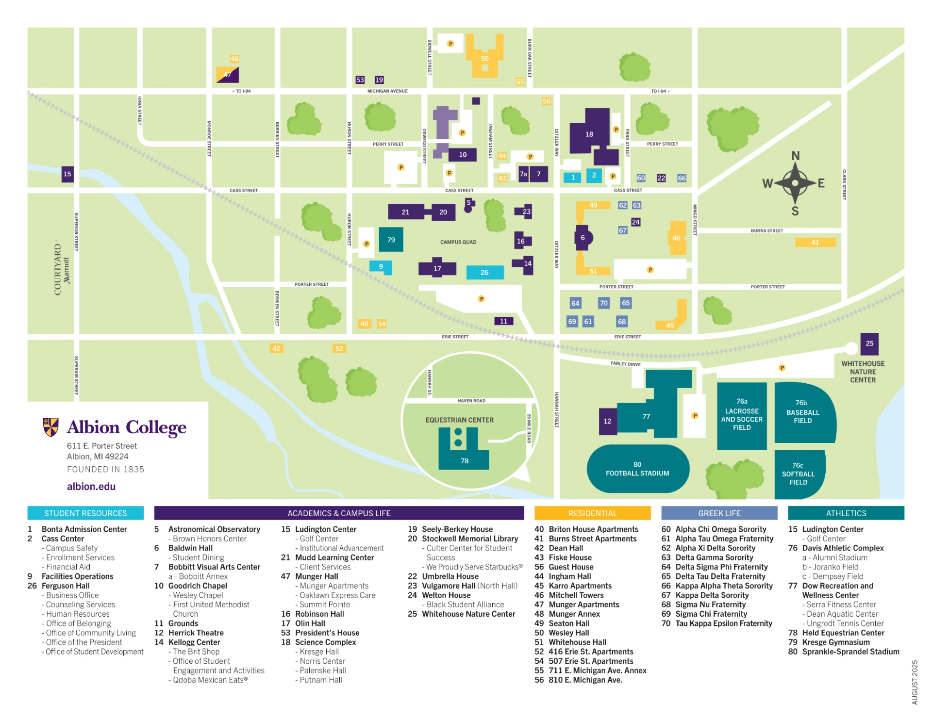 Albion College Campus Map 2025 showing labeled academic, residential, and athletic areas with main roads and landmarks.