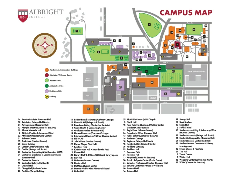 Albright College Campus Map 2025–2026 showing labeled academic, residential, and athletic areas with main roads and landmarks.