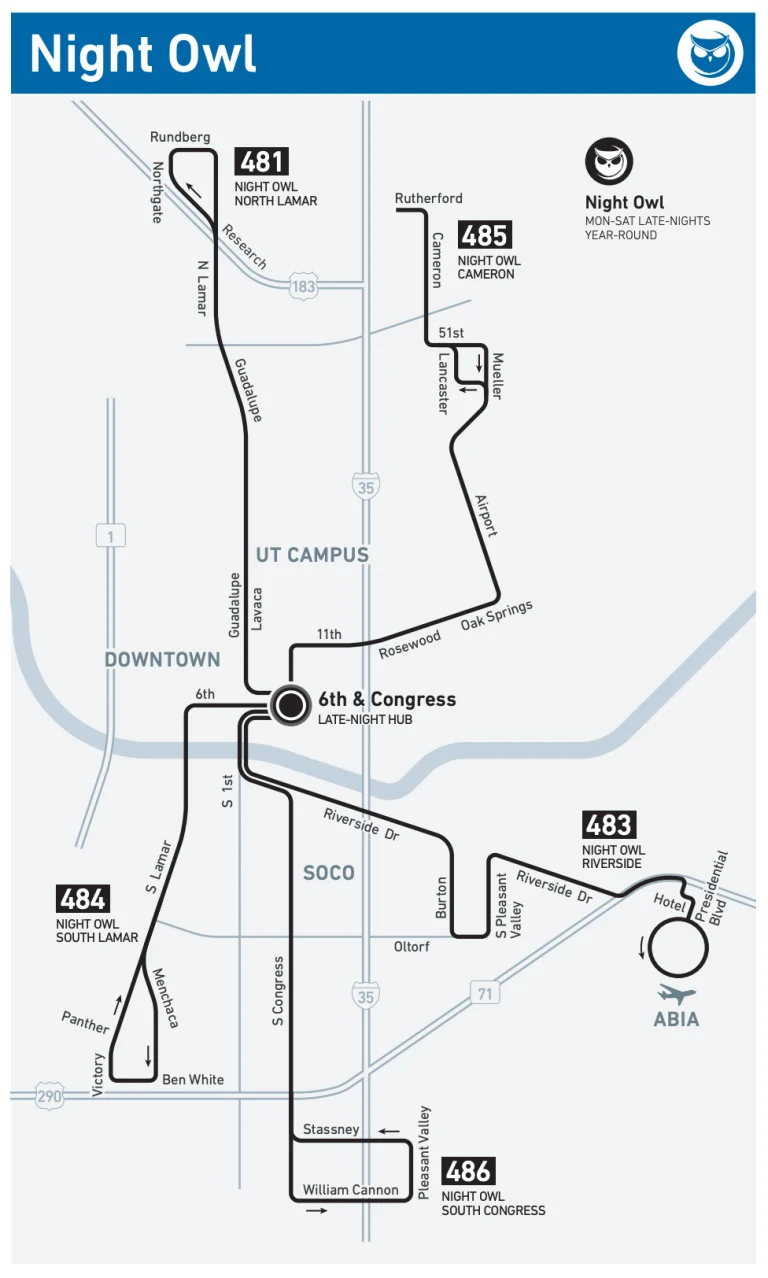 Austin Bergstrom International Night Owl Route Map 2025