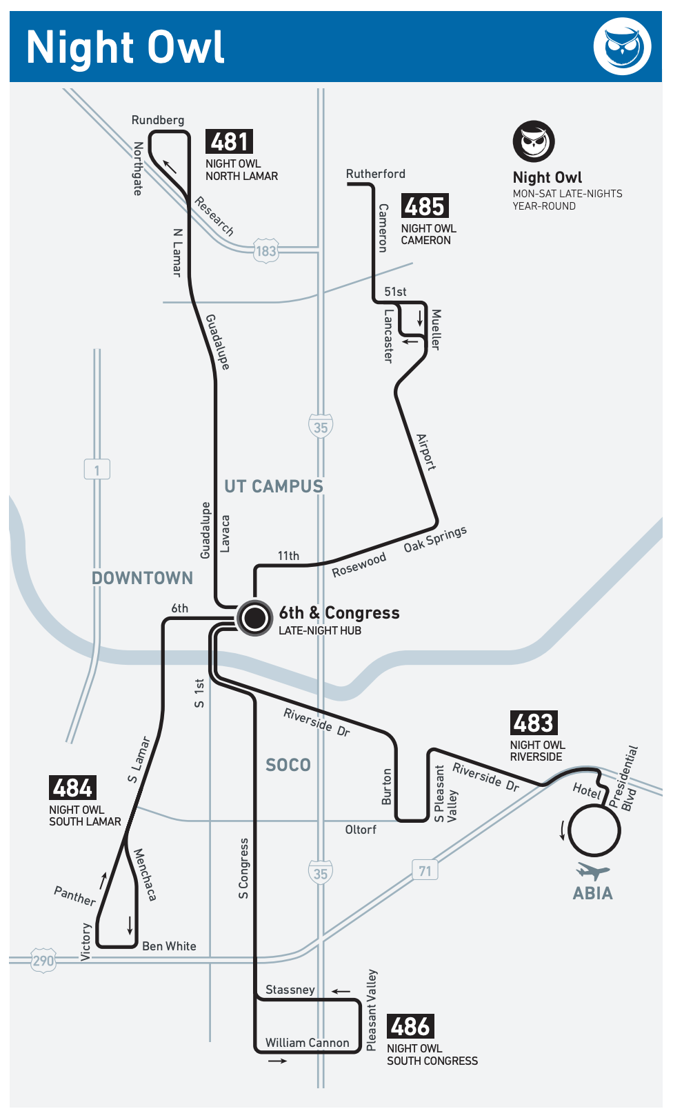 Austin Bergstrom International Airport Ground Transportation Map Night Owl Route 2025