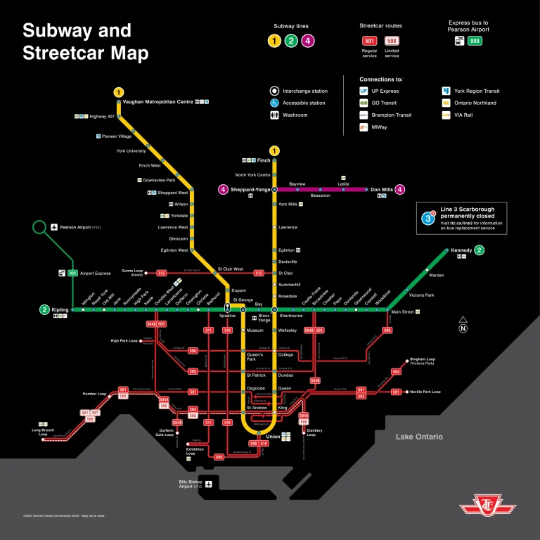 Billy Bishop Toronto City Centre Airport TTC Subway and Streetcar Map 2025