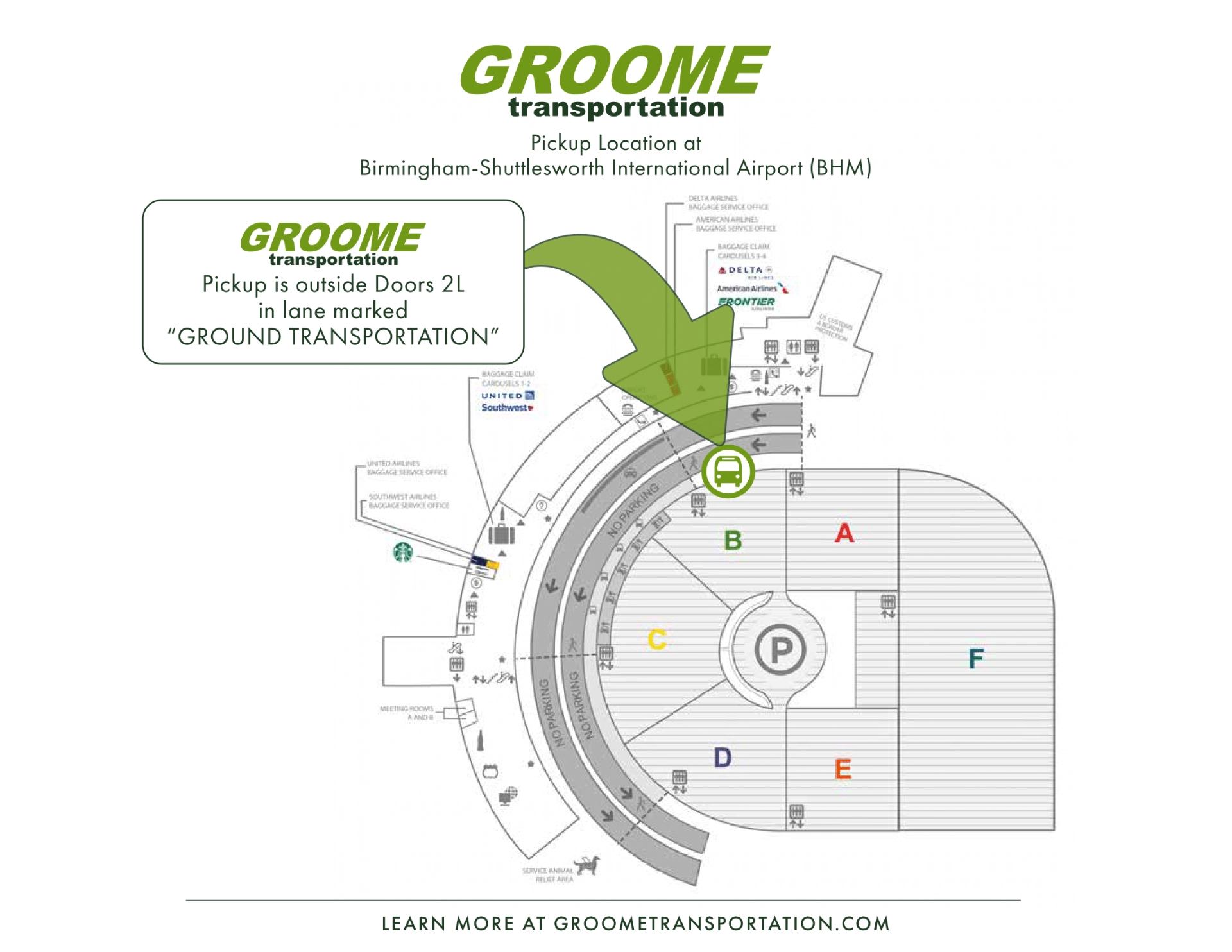 Birmingham Shuttlesworth International Airport Groome Pick Up Map 2025-2019-1Birmingham Shuttlesworth International Airport Ground Transportation Map