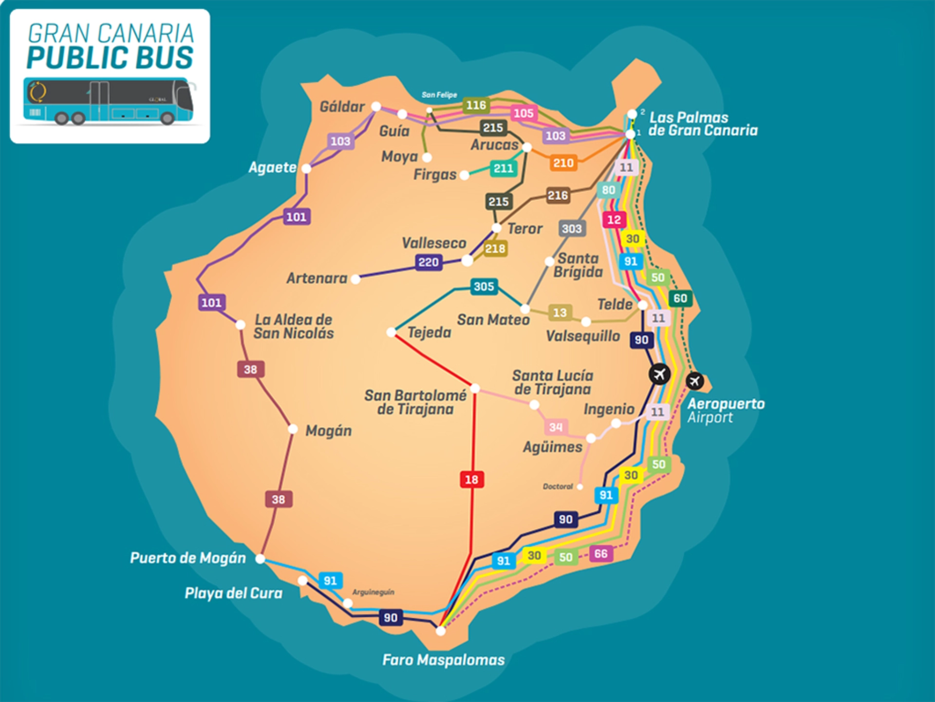 Gran Canaria Airport Public Bus Route Map 2025-2019
