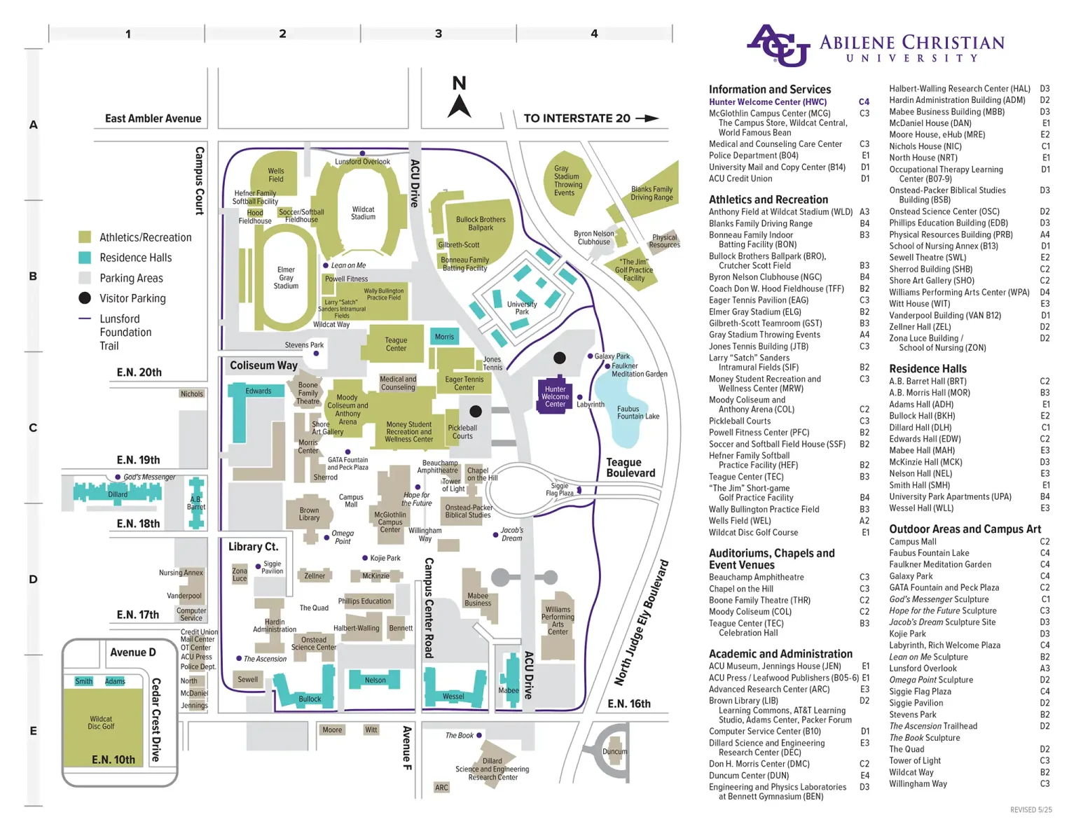 2025 Abilene Christian University Campus Map showing academic, residential, and athletic zones with labeled landmarks and main roads