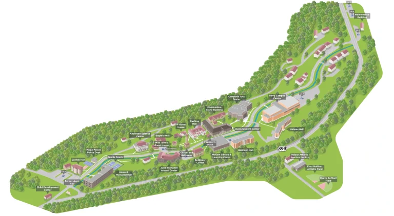 Alice Lloyd College Campus Map 2023 showing labeled academic, residential, and athletic areas with main roads and landmarks.