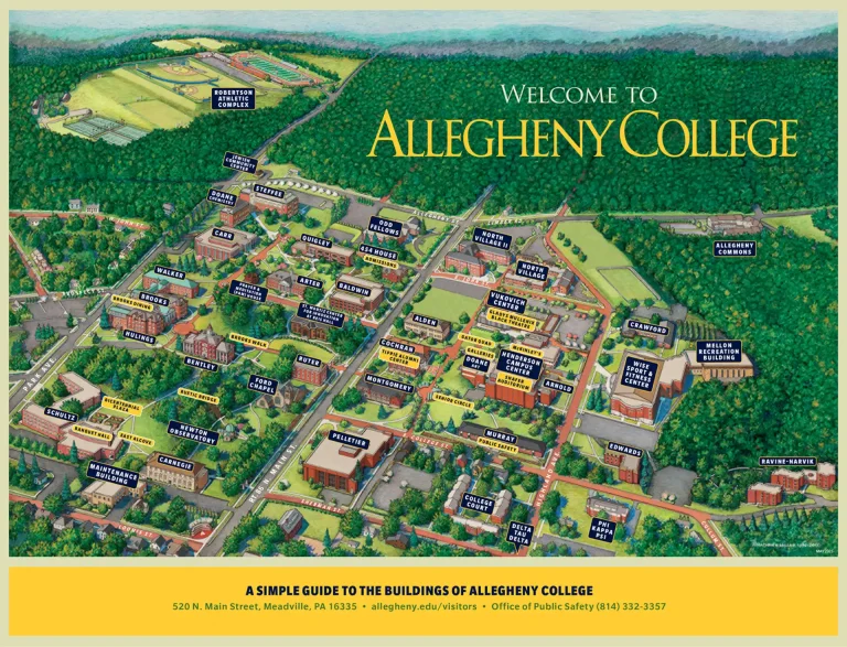 Allegheny College Campus Map 2025 showing labeled academic, residential, and athletic areas with main roads and landmarks.