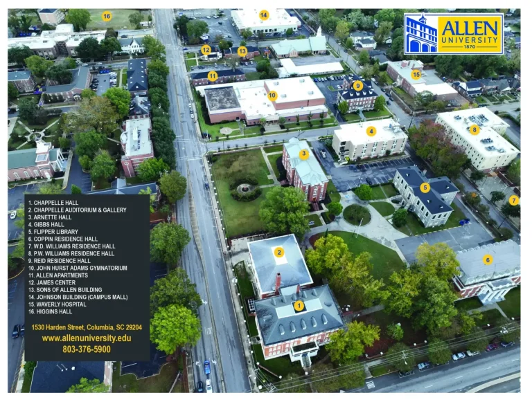Allen University Campus Map 2025 showing labeled academic, residential, and athletic areas with main roads and landmarks.