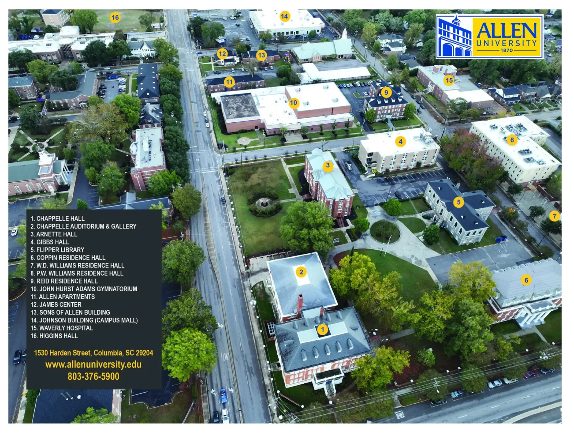 Allen University Campus Map 2025 showing labeled academic, residential, and athletic areas with main roads and landmarks.
