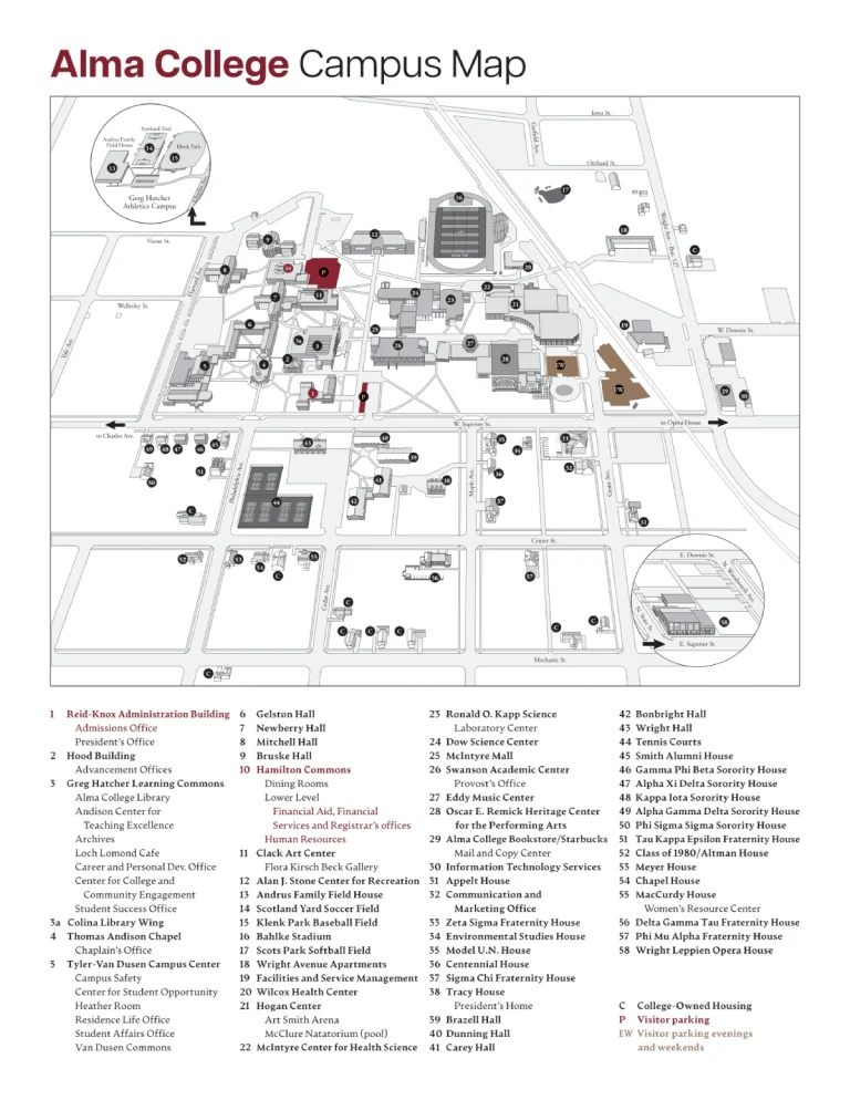 Alma College Campus Map 2025 showing labeled academic, residential, and athletic areas with main roads and landmarks.