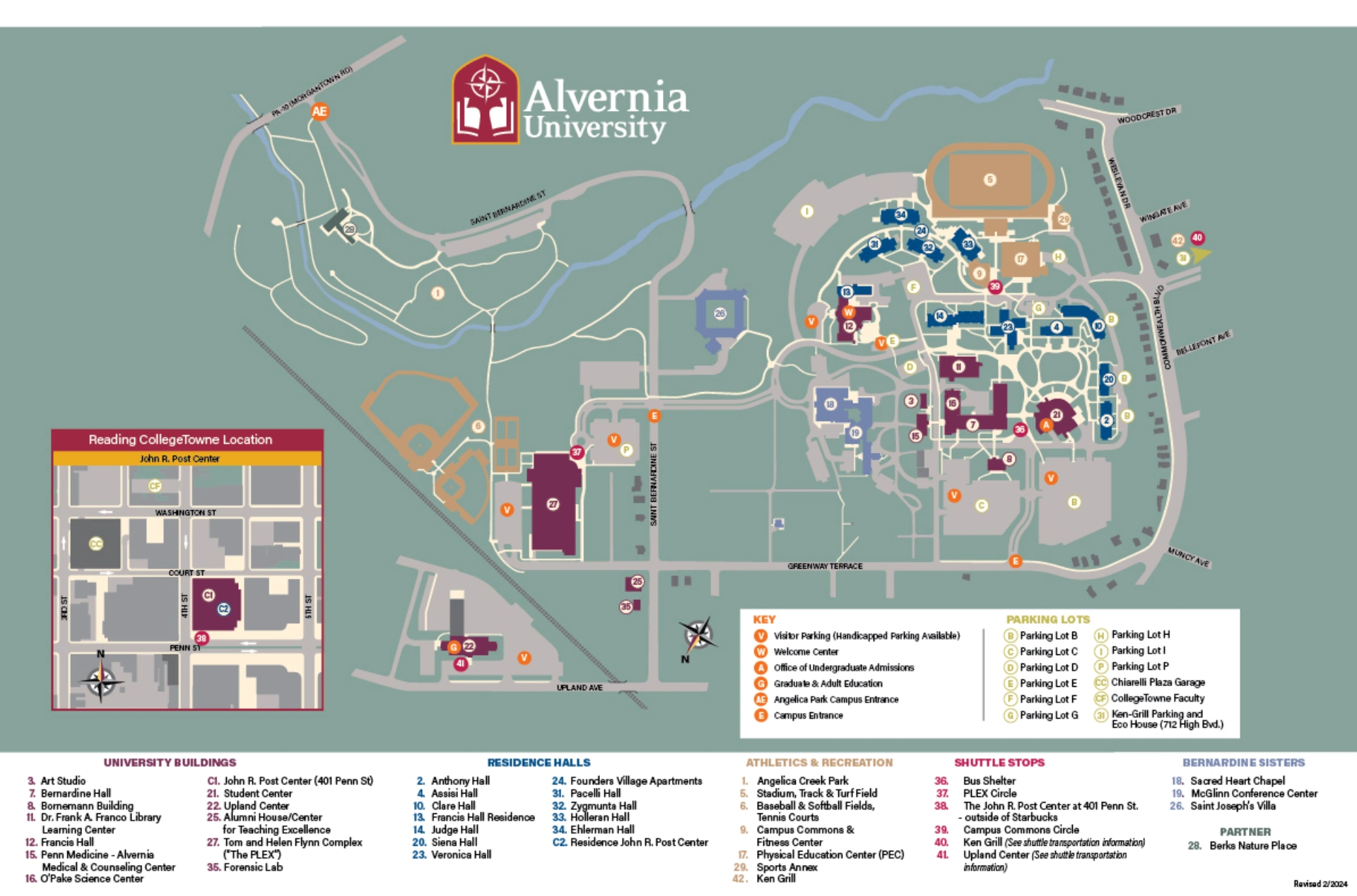 Alvernia University Parking Map 2016 showing labeled visitor and permit lots with main entry routes.