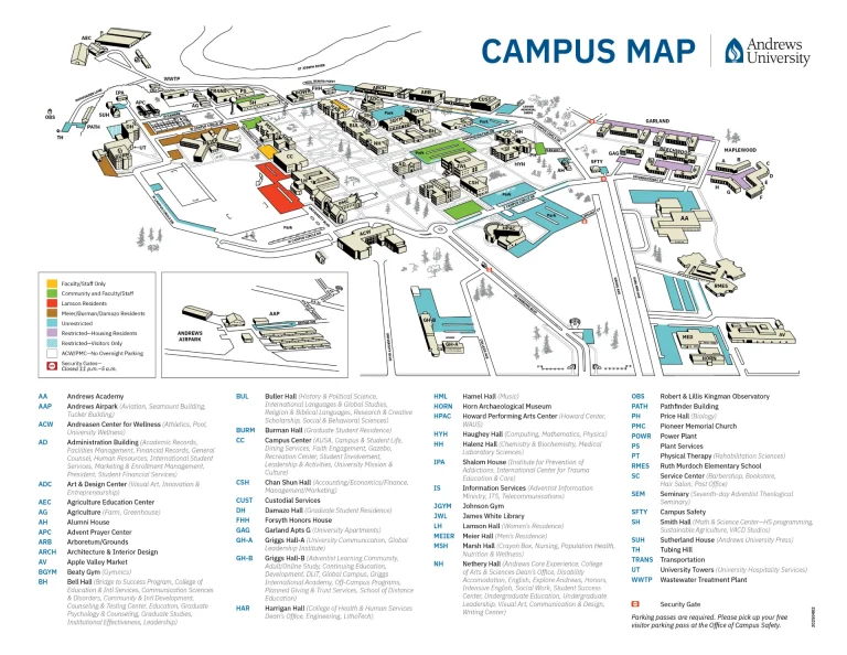 Andrews University Campus Map 2025 showing labeled academic, residential, and athletic areas with main roads and landmarks.