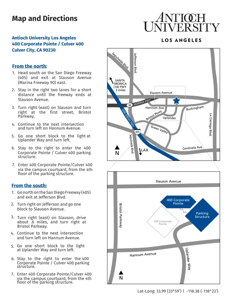 Antioch University Los Angeles Campus Map 2017 showing the 400 Corporate Pointe building, parking structure, and surrounding access roads.