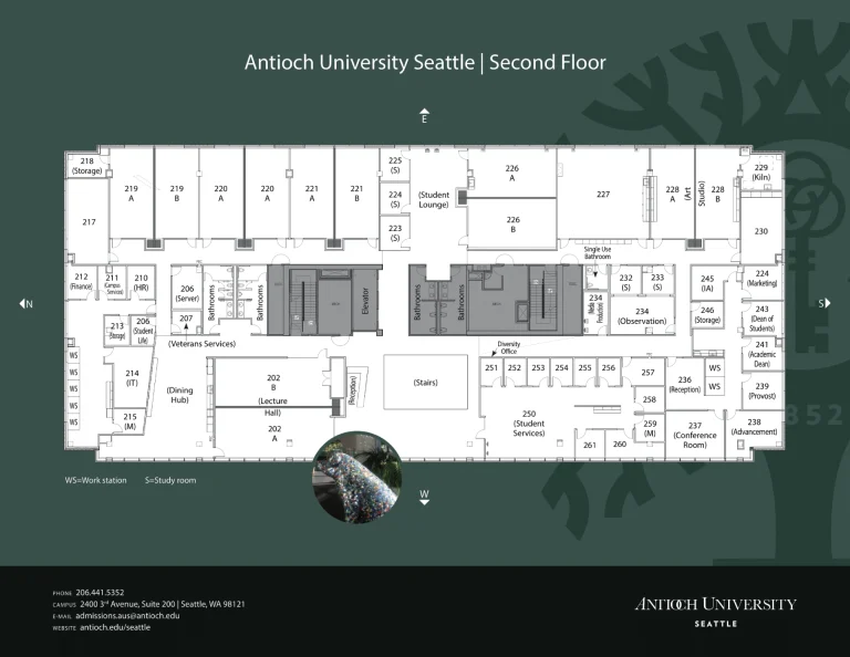 Antioch University Seattle Campus Map 2017 showing labeled academic, administrative, and student service areas across two floors.