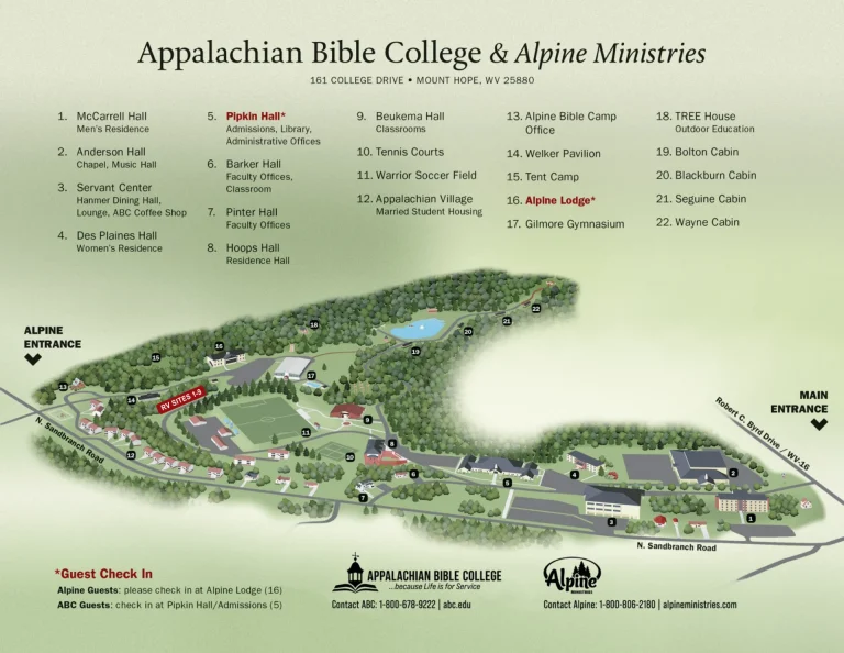 Appalachian Bible College Campus Map 2023 showing labeled academic, residential, and athletic areas with main roads and landmarks.