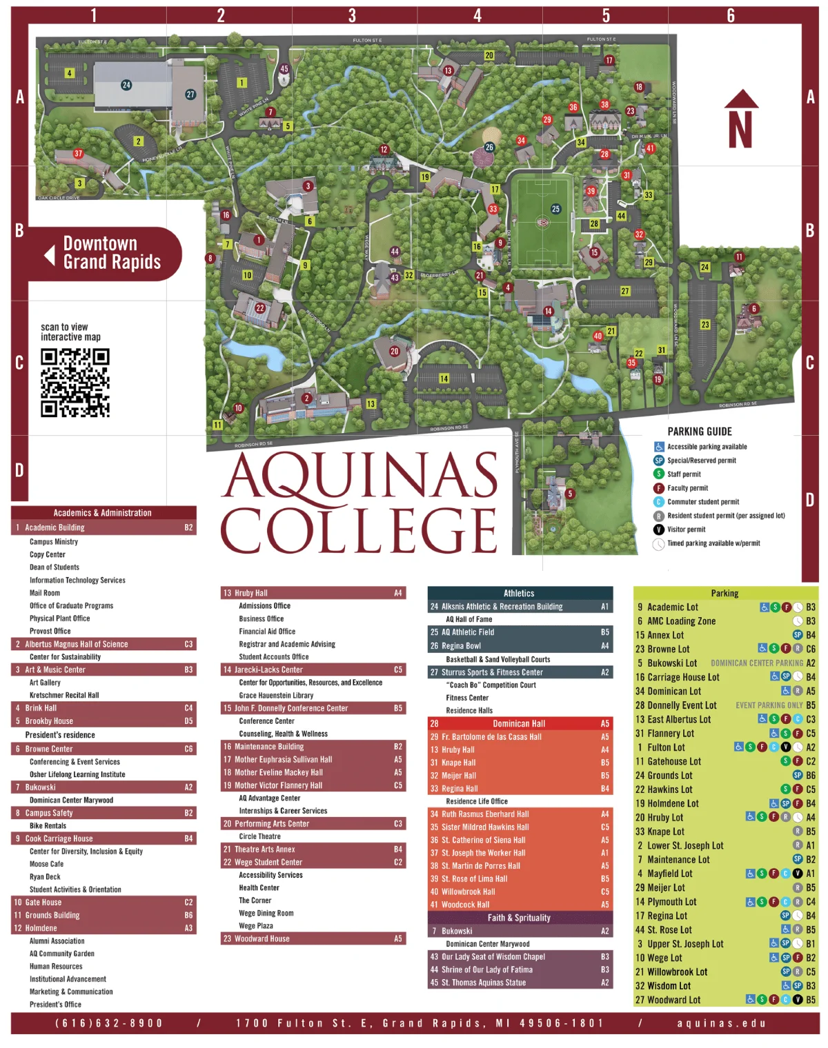 Aquinas College Campus Map 2023 showing labeled academic, residential, and athletic areas with main roads and landmarks.