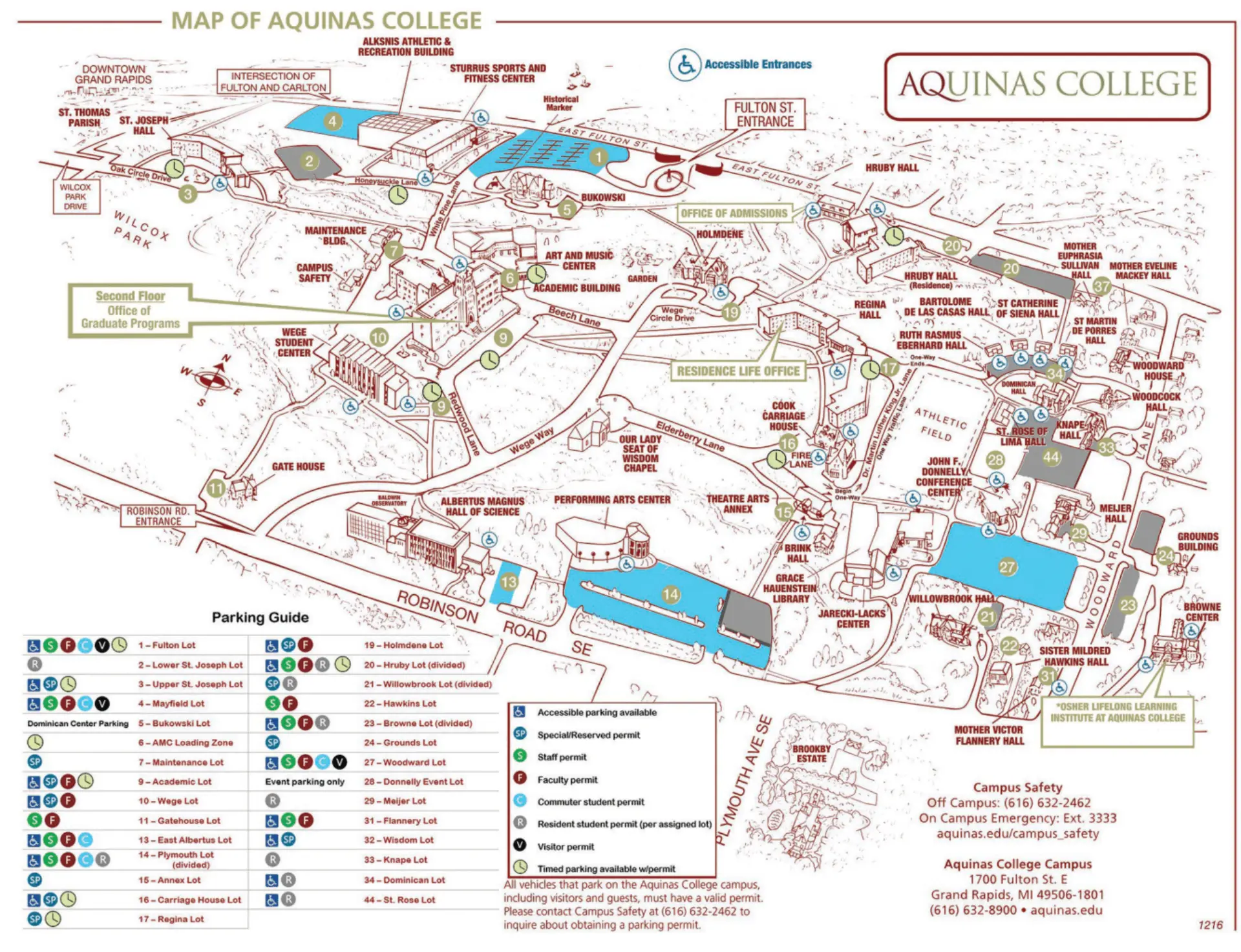 Aquinas College Parking Map 2023 showing labeled visitor and permit lots with main entry routes.