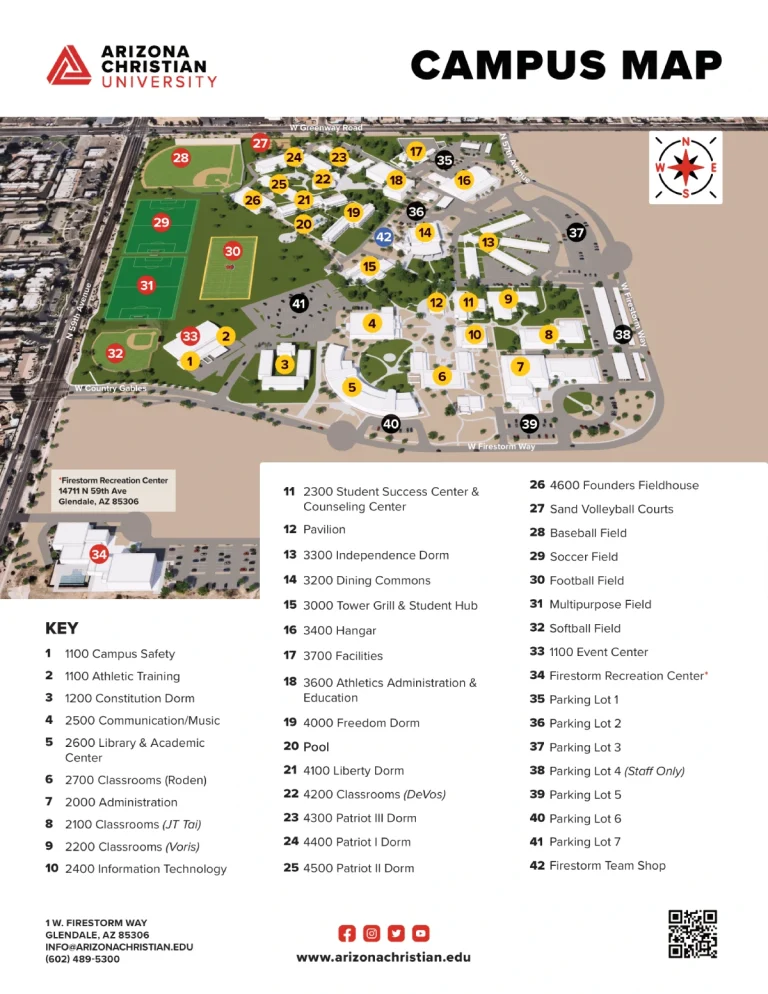 Arizona Christian University Campus Map 2025 showing labeled academic, residential, and athletic areas with main roads and landmarks.