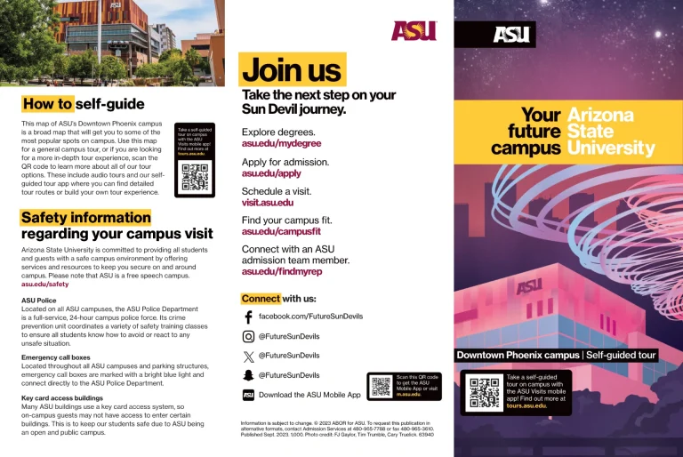 Arizona State University Downtown Phoenix Campus Map 2025 showing labeled academic, residential, and athletic areas with main roads and landmarks.