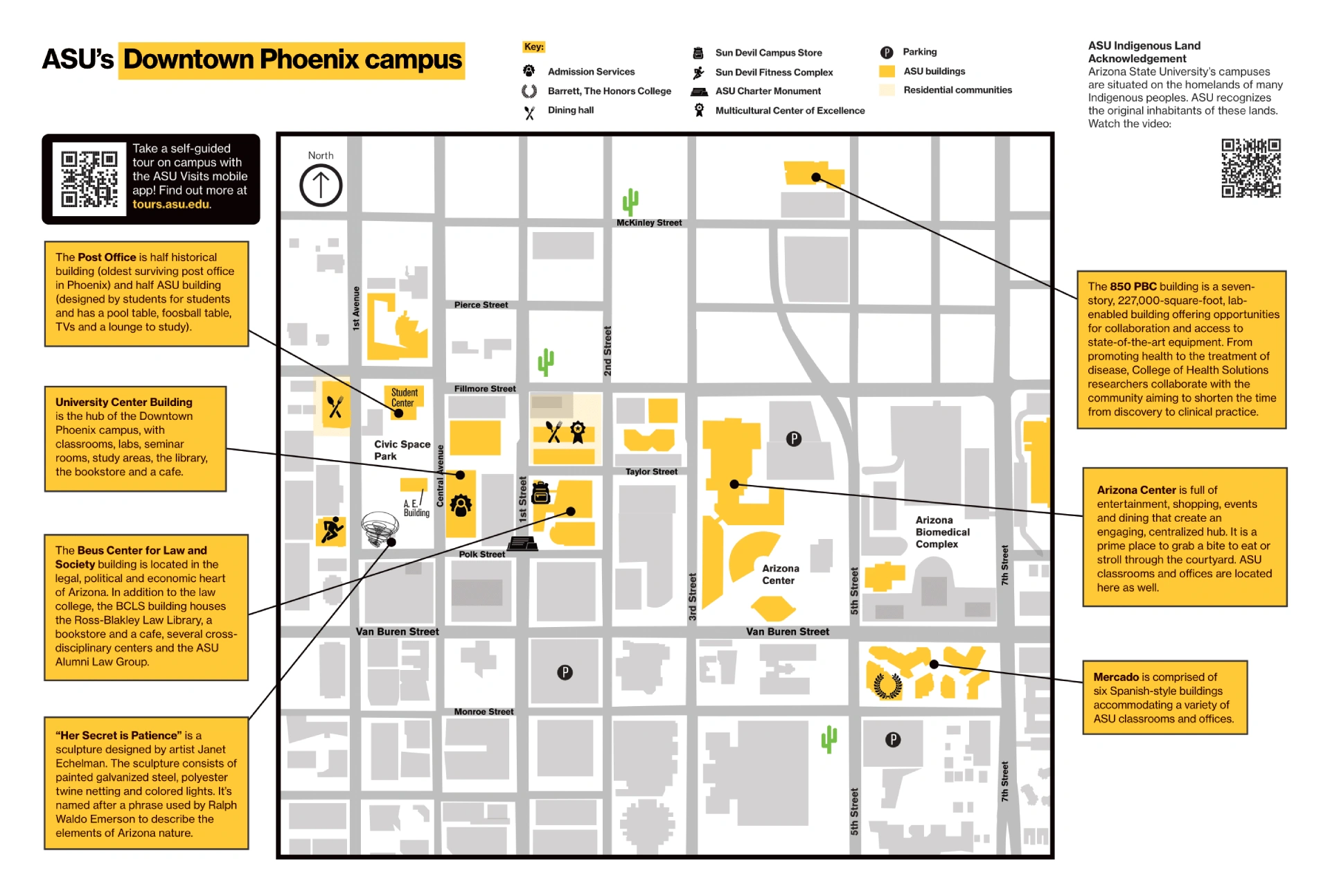 Arizona State University Downtown Phoenix Campus Map 2025 showing labeled academic, residential, and athletic areas with main roads and landmarks.