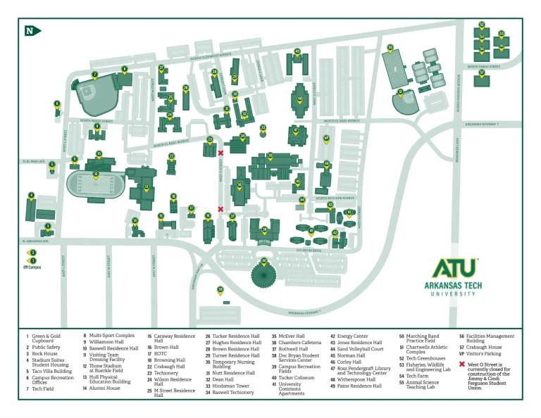 Arkansas Tech University Campus Map 2024 showing labeled academic, residential, and athletic areas with main roads and landmarks.