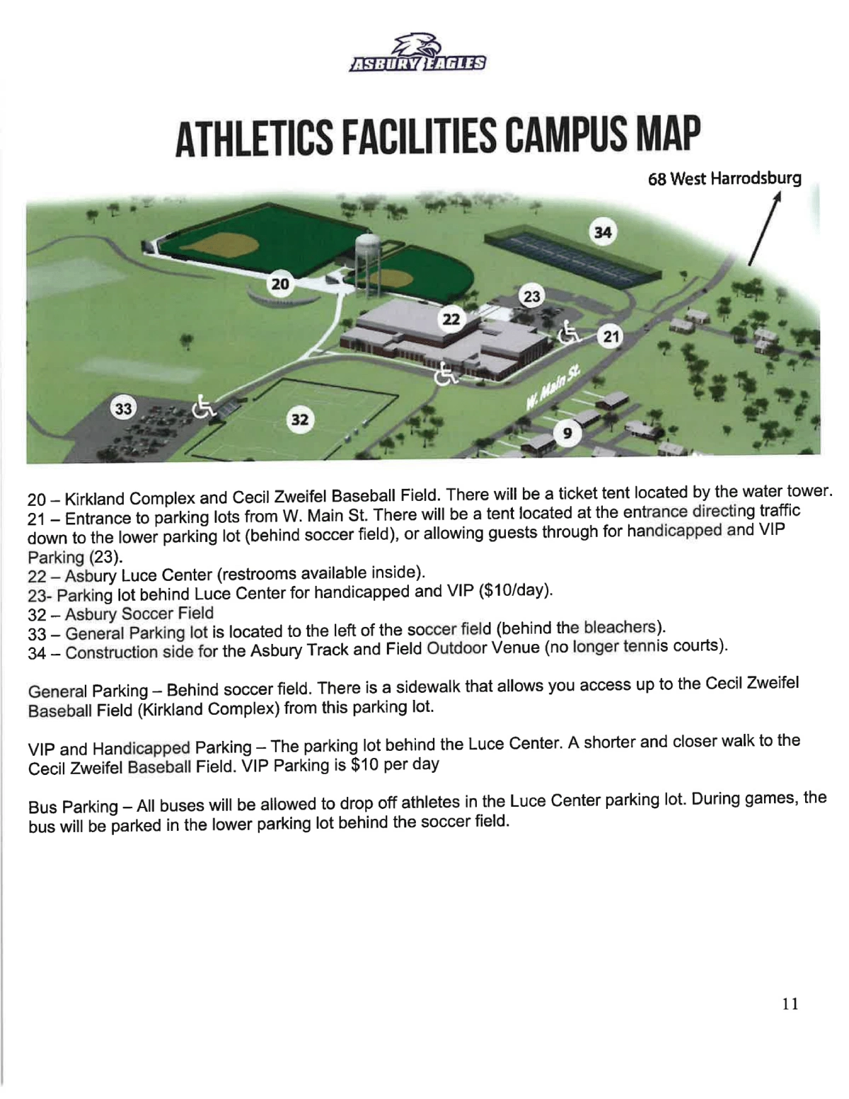 Asbury University Parking Map 2025 showing labeled visitor and permit lots with main entry routes.