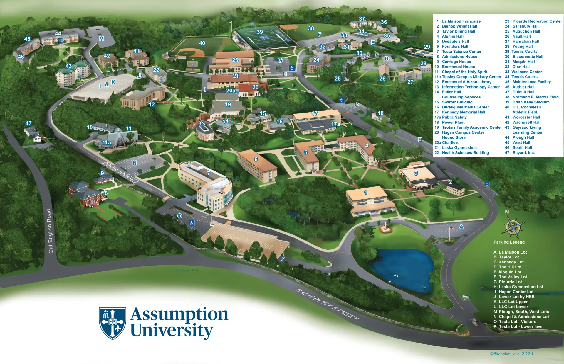 Assumption University Campus Map 2021 showing labeled academic, residential, and athletic areas with main roads and landmarks.