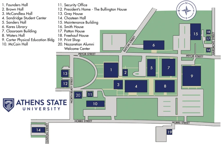 Athens State University Campus Map 2025 showing labeled academic, residential, and athletic areas with main roads and landmarks.