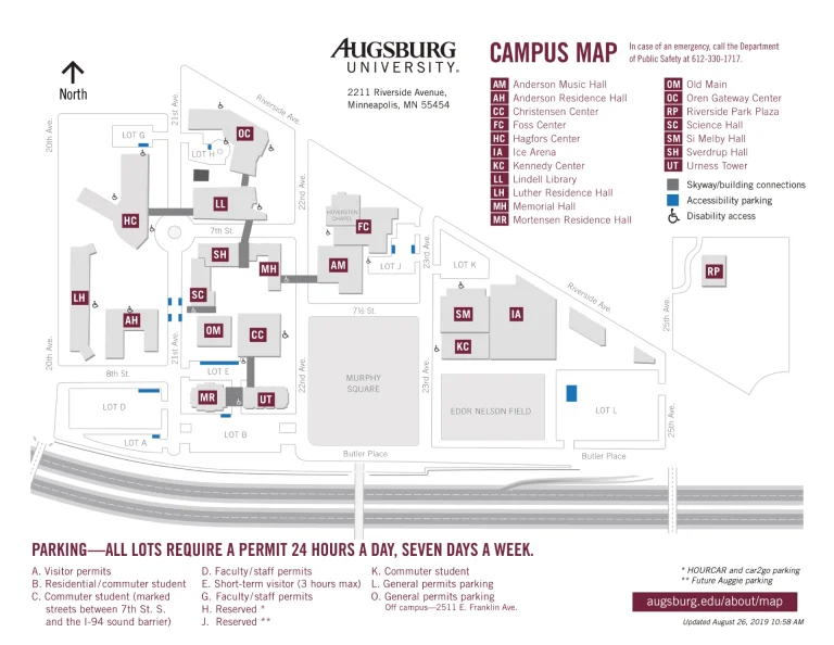 Augsburg University Campus Map 2025 showing labeled academic, residential, and athletic areas with main roads and landmarks.