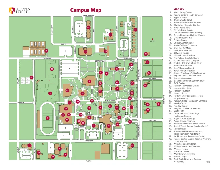 Austin College Campus Map 2025 showing labeled academic, residential, and athletic areas with main roads and landmarks.