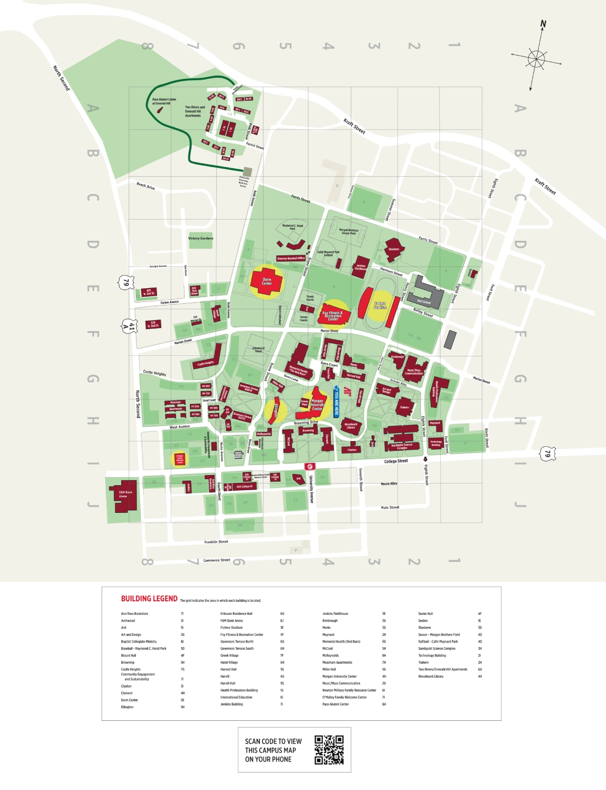 Austin Peay State University Campus Map 2024 showing labeled academic, residential, and athletic areas with main roads and landmarks.