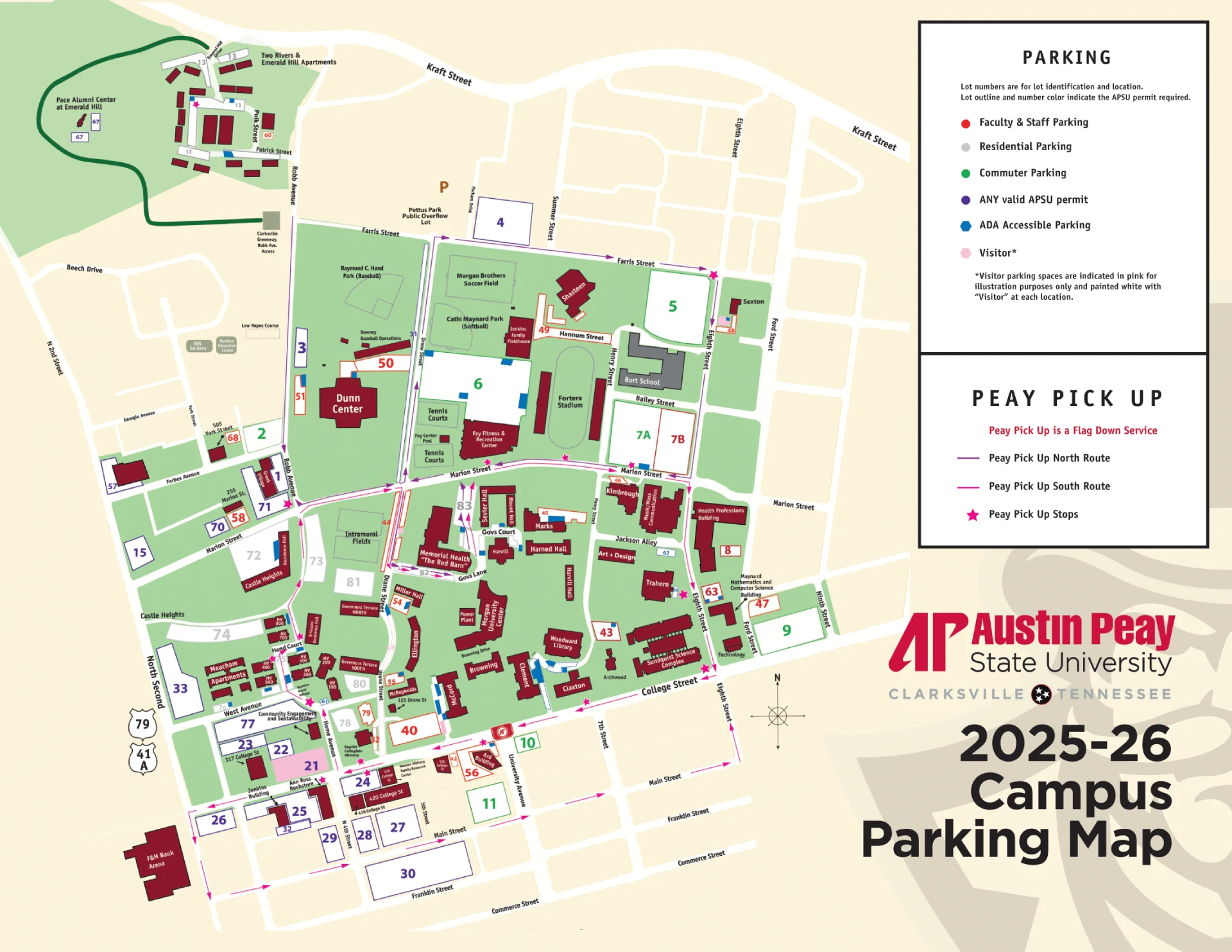 Austin Peay State University Parking Map 2025 showing labeled visitor and permit lots with main entry routes.