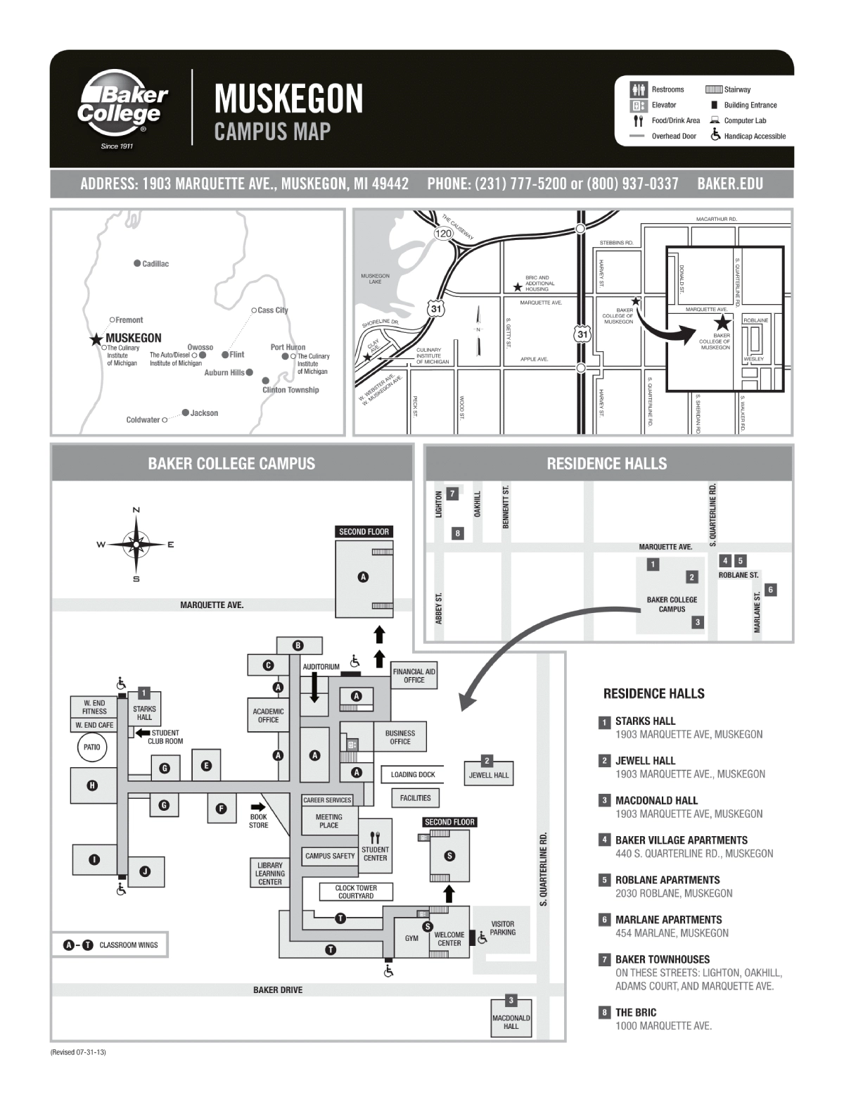 Baker College Muskegon Campus Map 2025 showing labeled academic, residential, and athletic areas with main roads and landmarks.