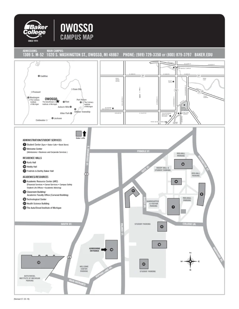 Baker College of Owosso Campus Map 2025 showing labeled academic, residential, and athletic areas with main roads and landmarks.