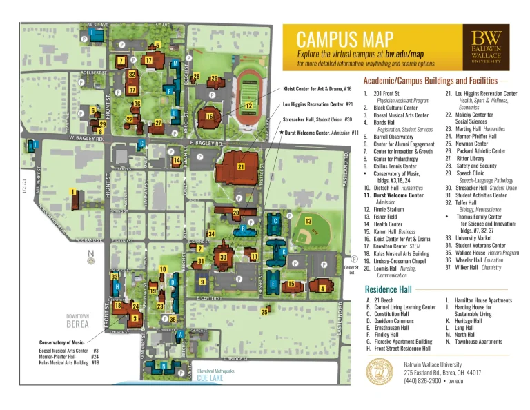 Baldwin Wallace University Campus Map 2021 showing labeled academic, residential, and athletic areas with main roads and landmarks.