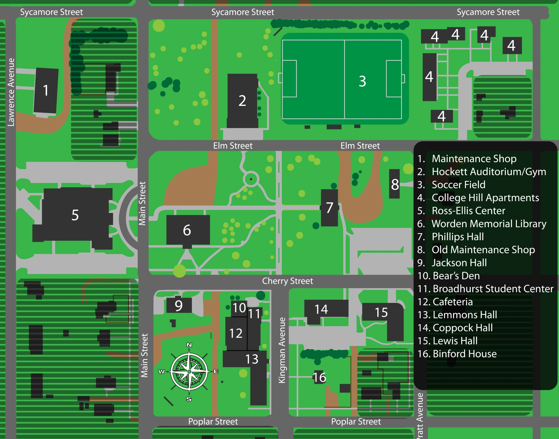 Barclay College Campus Map 2025 showing labeled academic, residential, and athletic areas with main roads and landmarks.