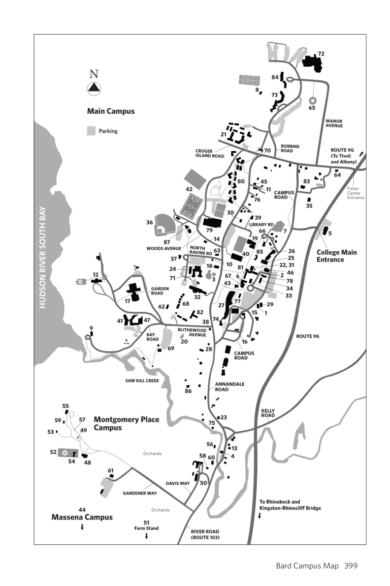 Bard College Campus Map 2025 showing labeled academic, residential, and athletic areas with main roads and landmarks.