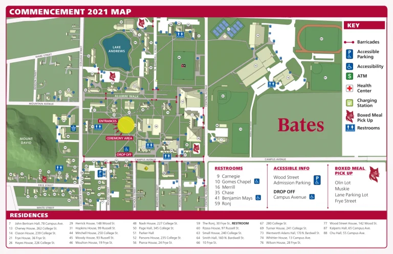 Bates College Campus Map 2021 showing labeled academic, residential, and athletic areas with main roads and landmarks.