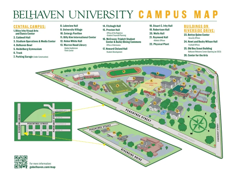 Belhaven University Campus Map 2025 showing labeled academic, residential, and athletic areas with main roads and landmarks.