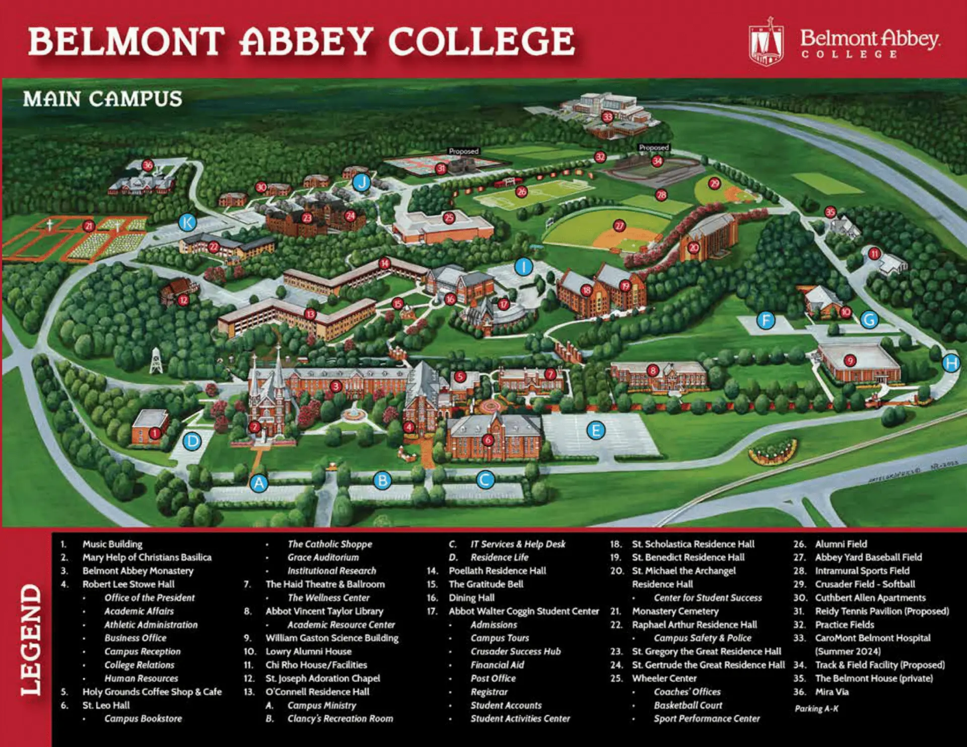 Belmont Abbey College Campus Map 2025 showing labeled academic, residential, and athletic areas with main roads and landmarks.