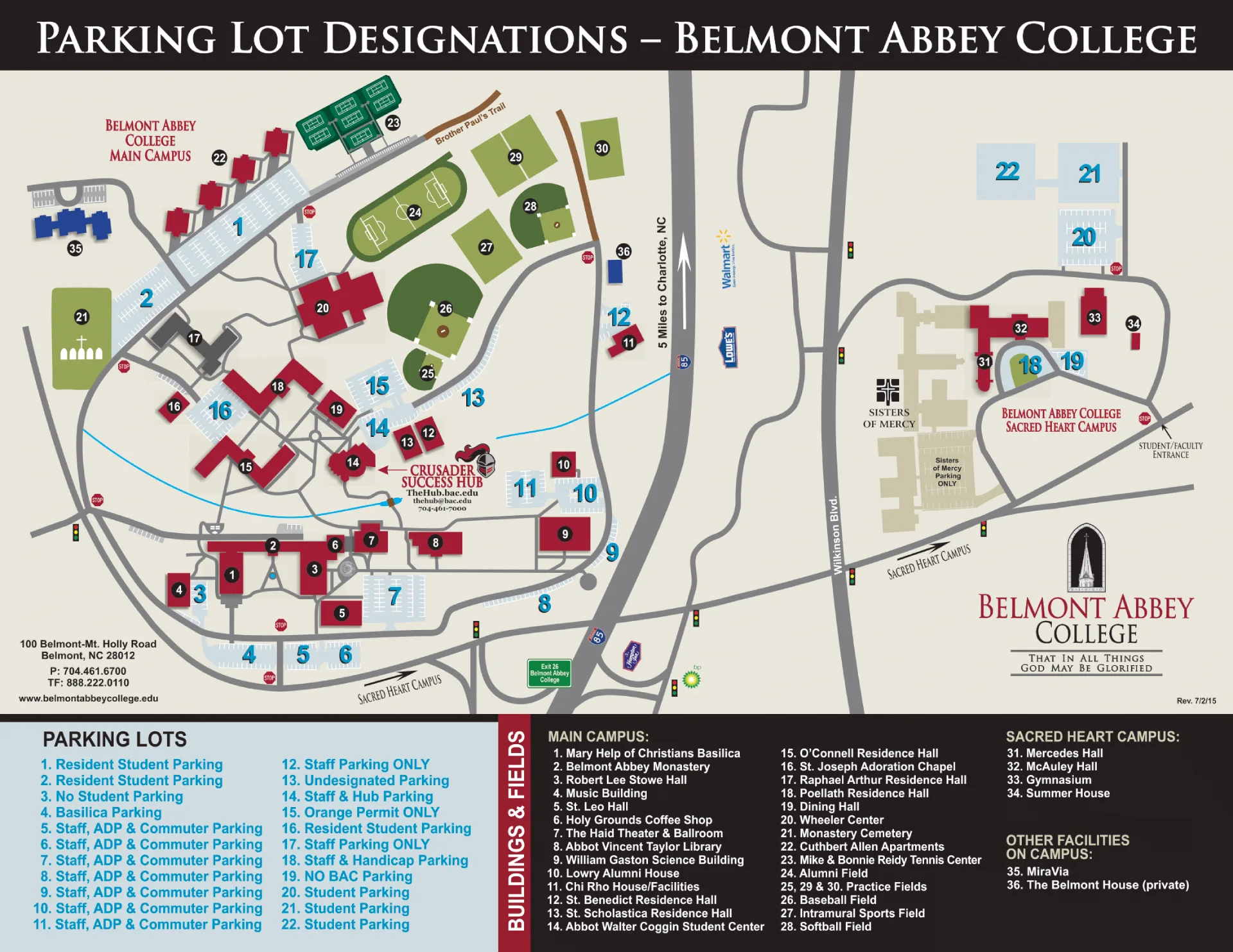Belmont Abbey College Parking Map 2021 showing labeled visitor and permit lots with main entry routes.