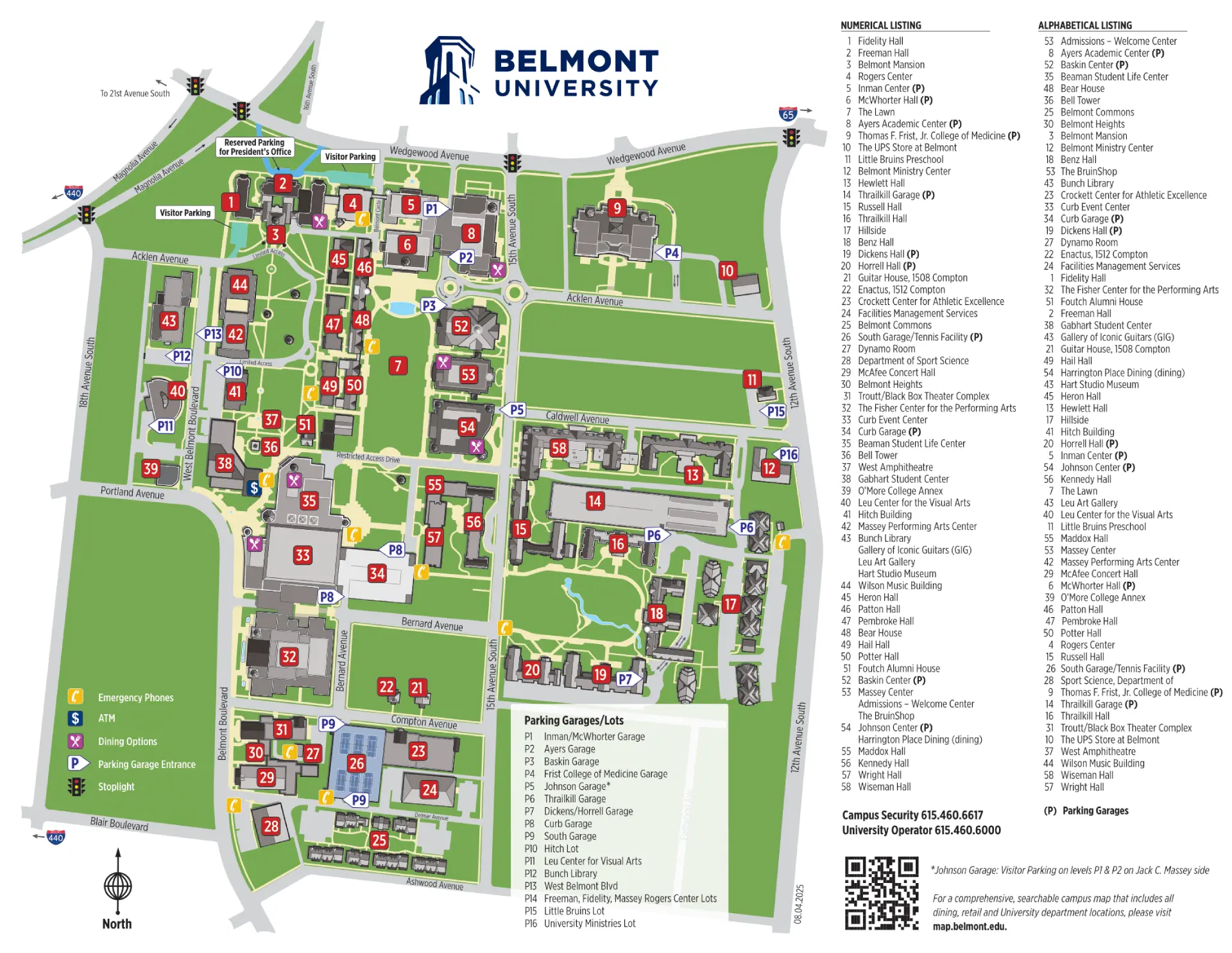 Belmont University Campus Map 2025 showing labeled academic, residential, and athletic areas with main roads and landmarks.