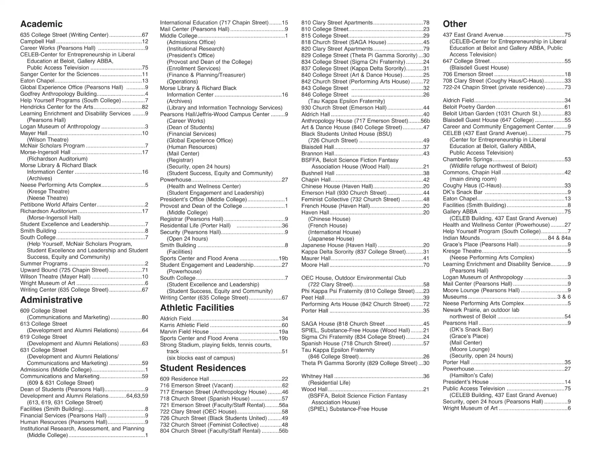 Beloit College Campus Map 2025 showing labeled academic, residential, and athletic areas with main roads and landmarks.